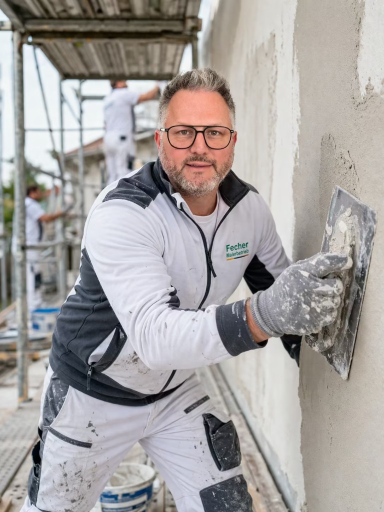 Maler der FECHER GmbH beim Auftragen von Putz auf der Baustelle — Arbeitskleidung mit Fecher-Logo, Gerüst, Team im Hintergrund, Aschaffenburg